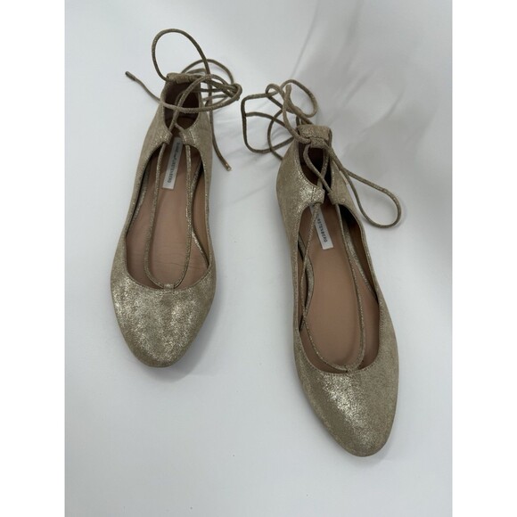 Diane Von Furstenberg  RARIS Gold Leather Ankle Ties Flats Shoes US 10 Rt $228 - Picture 1 of 10
